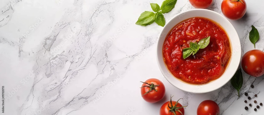 Poster bowl of delicious tomato sauce on a white background with copy space image