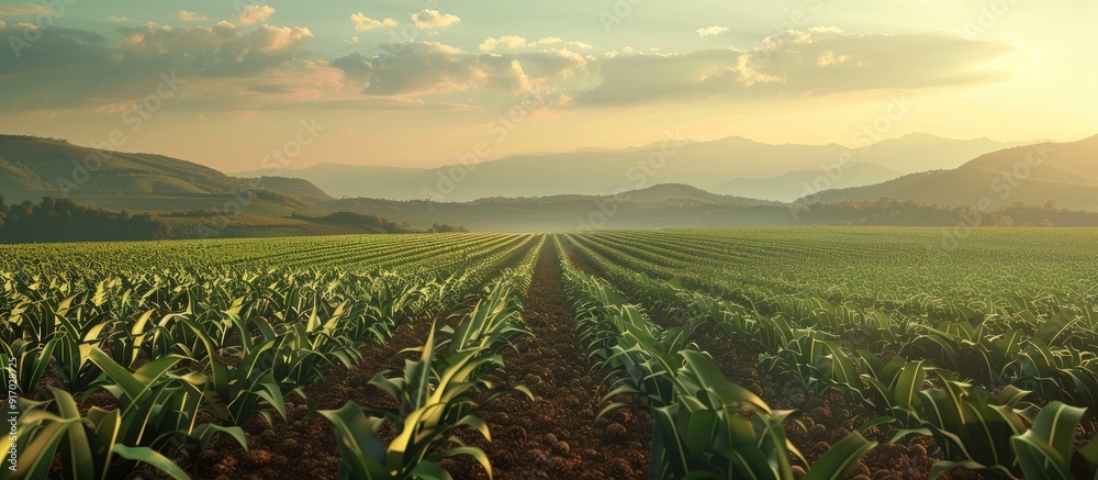 Poster an expansive agricultural landscape featuring rows of corn plants on a large scale with a vast area 