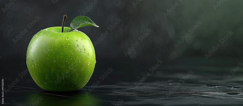 Poster Isolated green apple on a black backdrop with copy space image