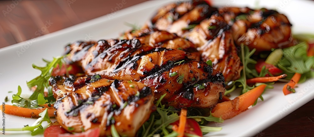 Aufkleber a white plate features barbecued chicken meat on a salad with vegetables the image has selective foc
