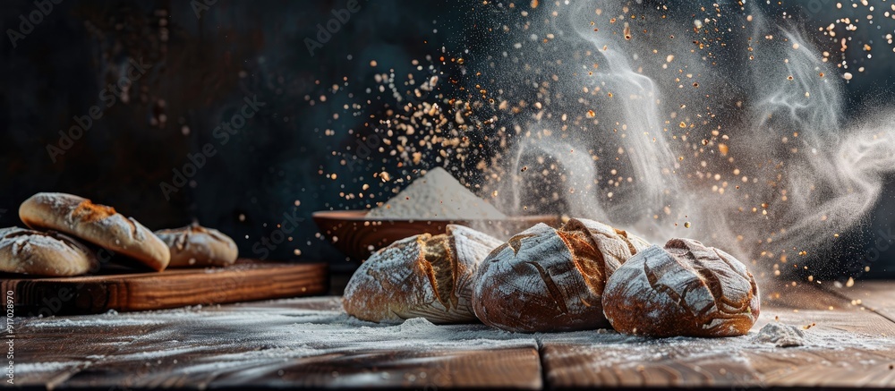 Aufkleber Preparing homemade bread with flour falling on a dark table creates an enticing scene with copy space image