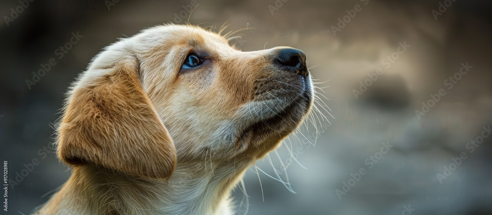 Poster adorable labrador puppy gazing upwards in a picture with copy space image