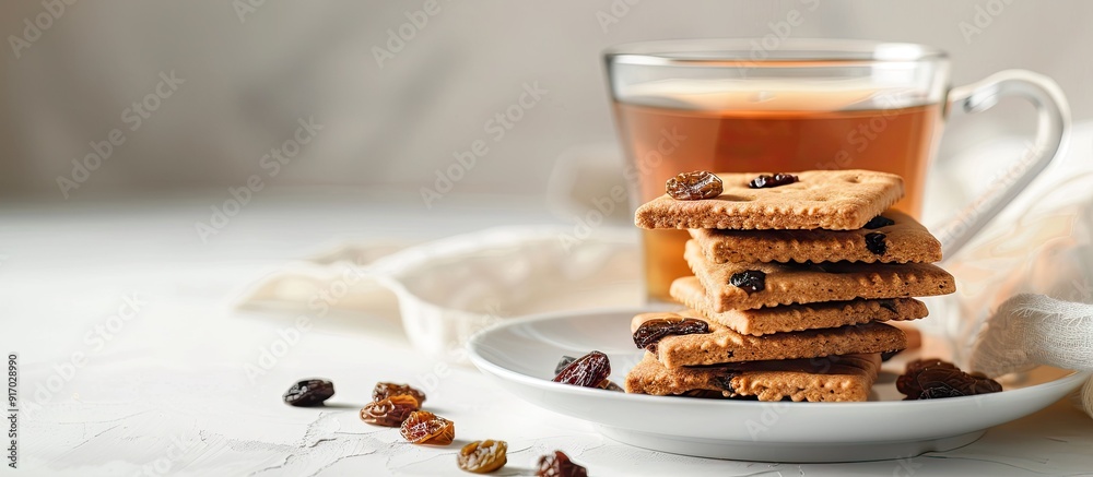 Poster sweet hard chuck crackers with raisins and a cup of tea on a white background with copy space image