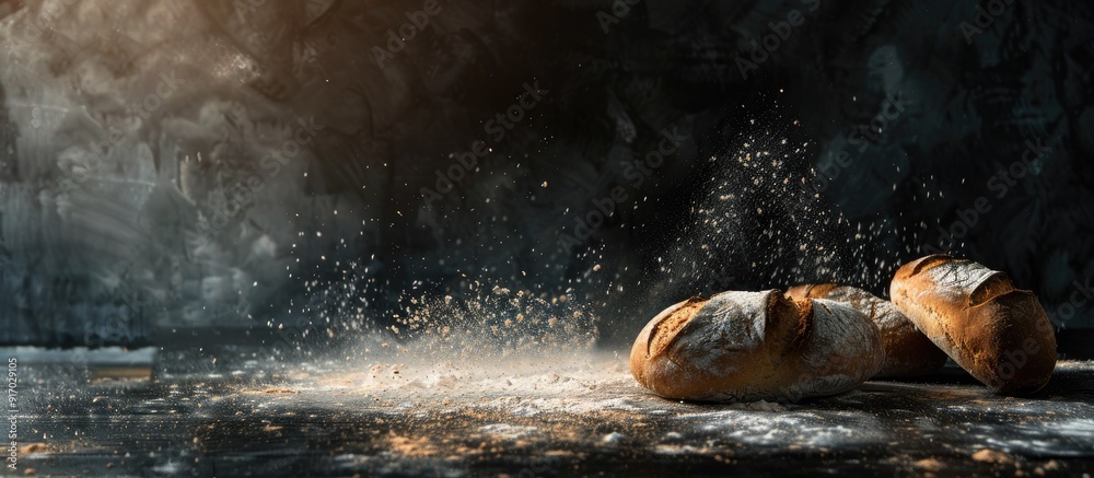 Aufkleber Preparing homemade bread with flour falling on a dark table creates an enticing scene with copy space image