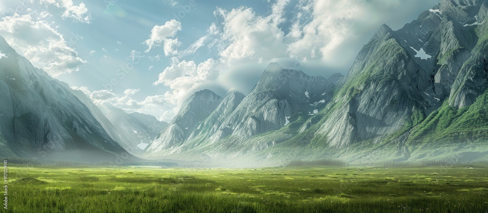 Poster scenic landscape with mountains green grass and a cloudy sky in a captivating copy space image