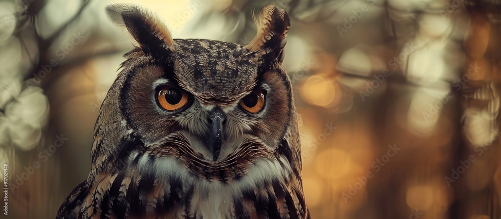 Poster owl pet in close up staring at camera against blurred brown backdrop with copy space image