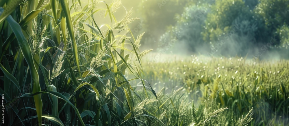 Poster in summer there are corn stalks in the field with empty space available for images. . image with cop