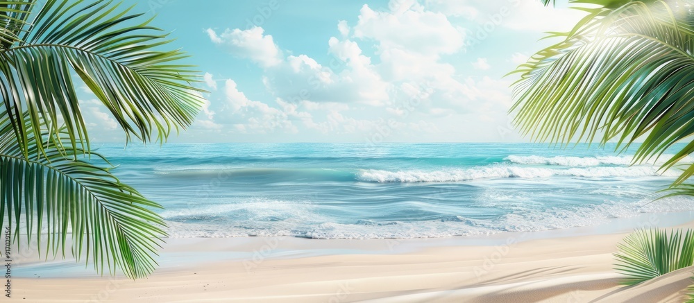 Poster A serene beach scene with palm branches against a tranquil sea backdrop suitable for a copy space image