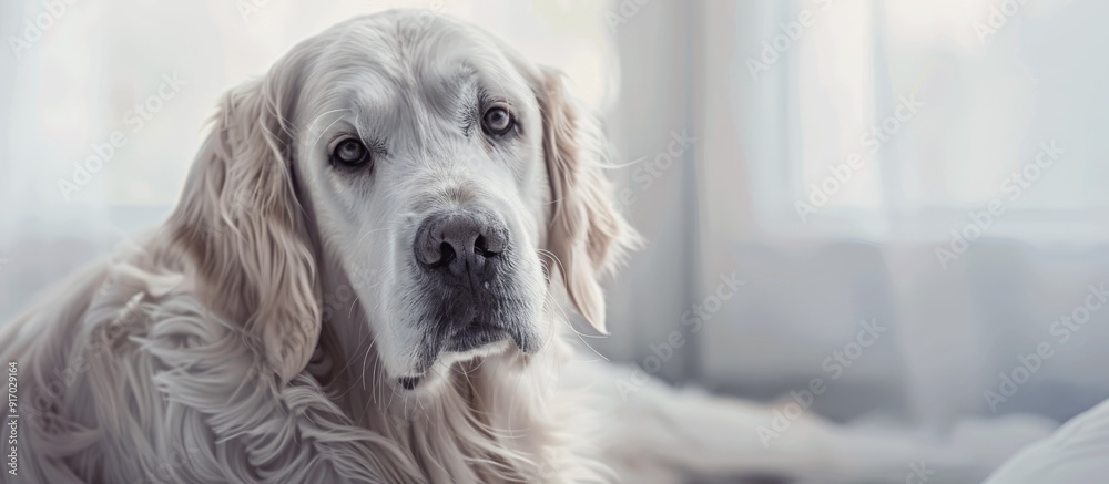 Poster Closeup portrait of a white golden retriever gazing at the camera in an indoor setting ideal for a copy space image
