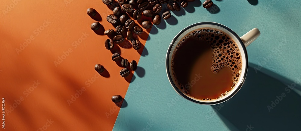 Poster A tempting freshly brewed cup of coffee with coffee beans shot from above with a spacious copy space image