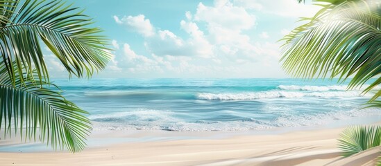 A serene beach scene with palm branches against a tranquil sea backdrop suitable for a copy space image
