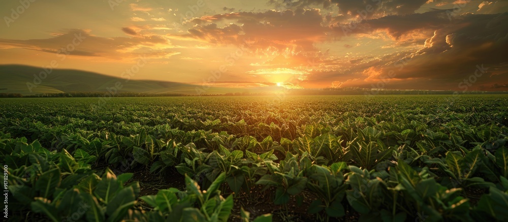 Poster sunset over a ranch field with growing soybean plants creating a serene and colorful backdrop suitab