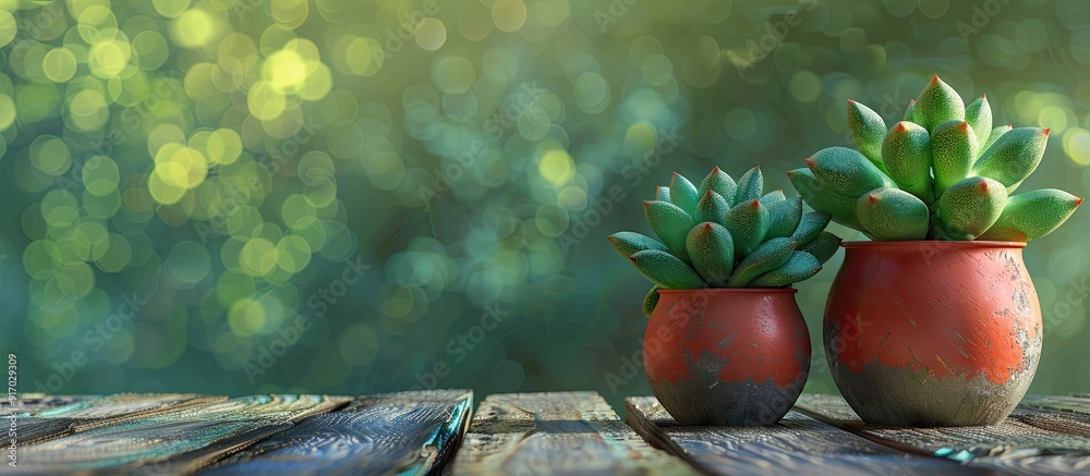 Poster succulent plants in two pots displayed on a wooden garden table with copy space image