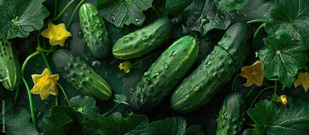 Poster Cucumbers are plants that yield edible fruit commonly picked unripe for culinary or refreshing purposes providing a versatile option in dishes and beverages Incorporate in ads with a copy space image