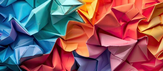 Detailed close up photograph capturing a vibrant origami design comprised of intricately folded paper sheets with ample copy space image