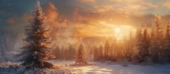 A stunning sunset shines through wintry trees and a large pine tree as day fades with selective focus on a beautiful landscape creating a serene copy space image