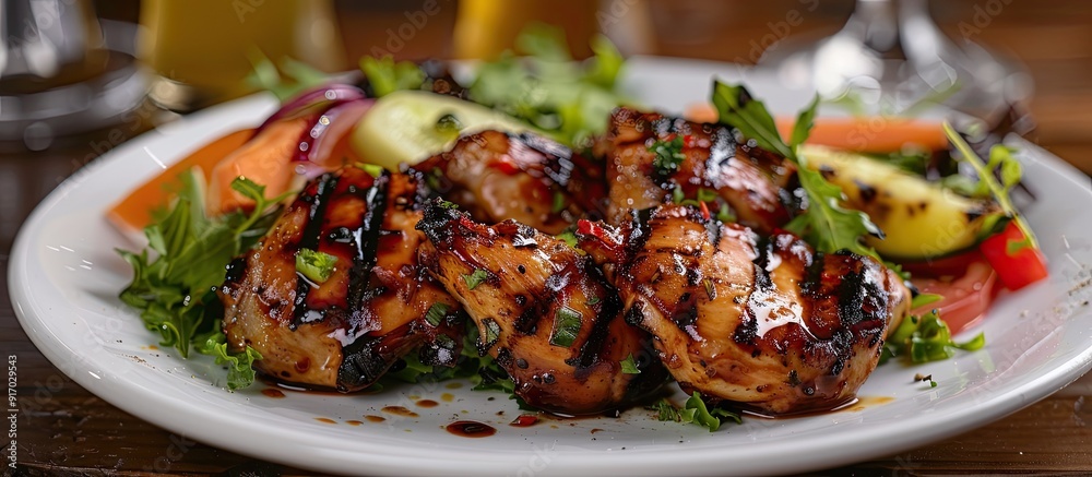 Poster A white plate features barbecued chicken meat on a salad with vegetables the image has selective focus for a professional appearance. . image with copy space