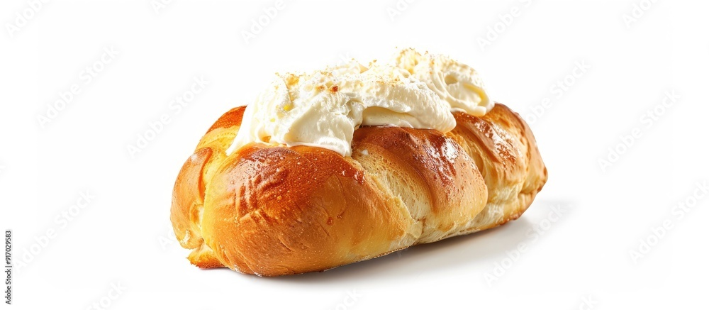 Poster a baked roll filled with cream set against a plain white background for a copy space image