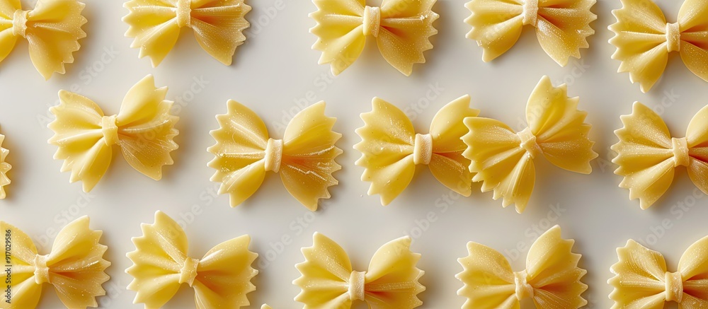 Poster Uncooked pasta in the shape of bow ties with a blank background for writing or design. . image with copy space
