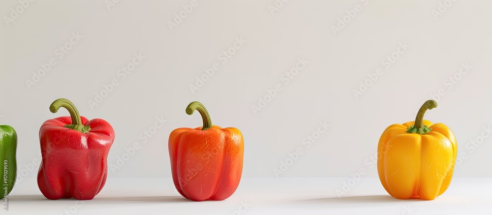 Poster three bell peppers on a white background with copy space image