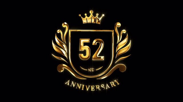 52nd Anniversary Celebration. Happy 52 Years Anniversary Animation in Gold Color on the Transparent Background, Alpha Channel. Great for greetings, celebrations, events, and gifts.