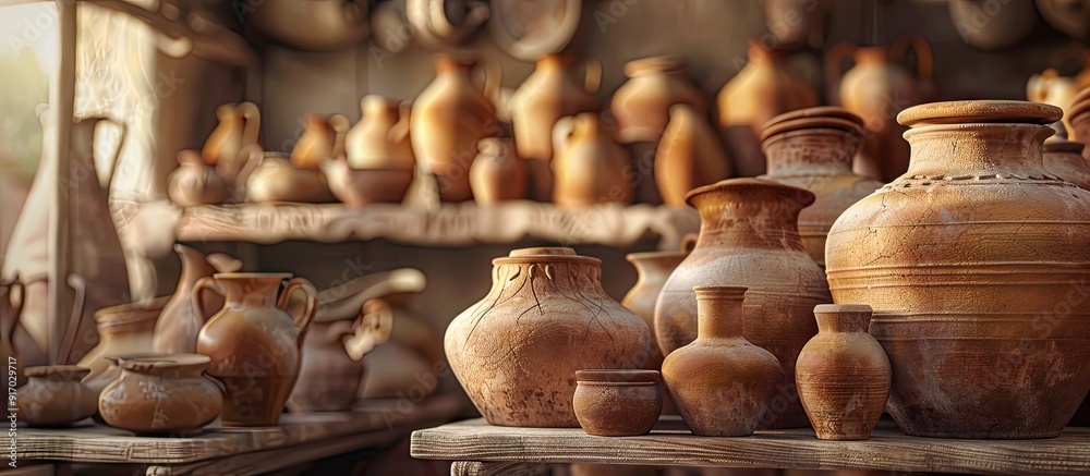 Poster Pottery workshop scene with earthenware vessels displayed giving an authentic artisanal vibe ideal for a copy space image