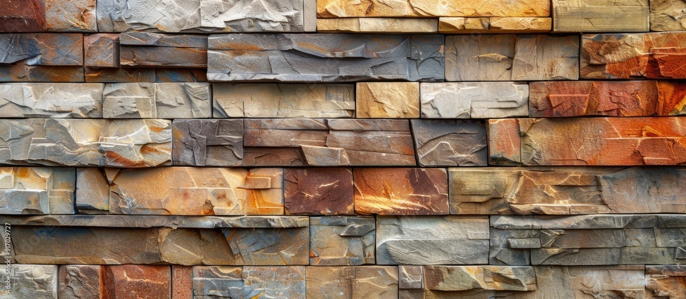 Poster Rectangular sandstone sticks in various colors used as wall cladding to enhance the house wall creating a visually appealing backdrop for a copy space image