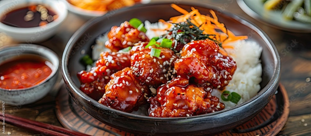 Poster Korean fried chicken served with a spicy sauce on a wooden table with rice seaweed and kimchi pickle creating a vibrant presentation with copy space image