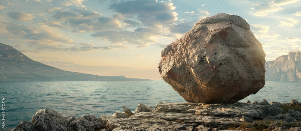 Poster large boulder perched on the rugged shore with a spacious copy space image