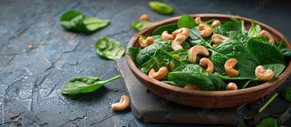 Poster Spinach salad with cashews on a wooden plate displayed on a concrete table with copy space image