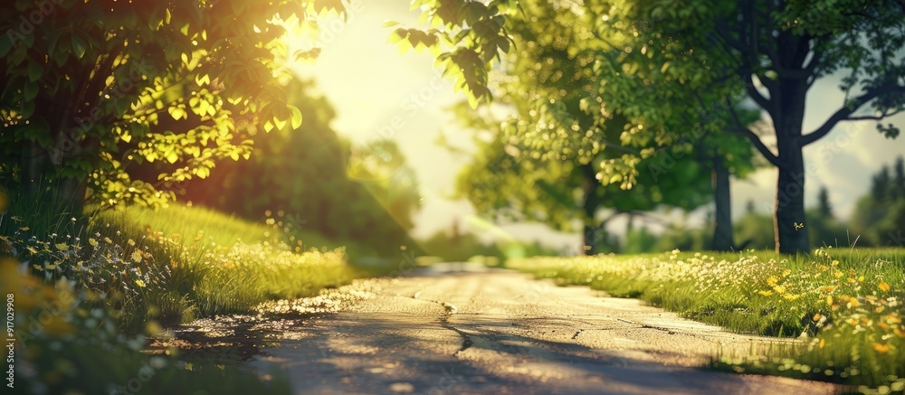 Poster scenic sunny spring evening countryside landscape with an open asphalt road and beautiful nature sur