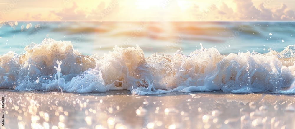 Poster Soft blurred waves create a beautiful beach scene with ample copy space for text or images