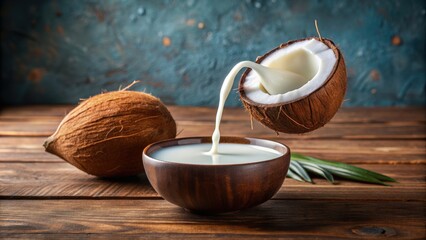 Coconut being poured into bowl of milk , coconut, milk, pouring, pouring coconut, pouring milk, organic, natural, fresh