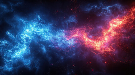 Versus background,  A dynamic splash of blue and red neon energy colliding in mid-air, surrounded by a dark backdrop. The energy forms intricate, swirling patterns, creating a