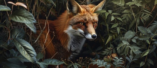 Fototapeta premium A stunning wild Red Fox Vulpes vulpes appearing from the undergrowth creating a captivating copy space image