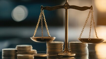 Golden balance scale with stacks of coins on both sides, representing financial fairness and wealth management.