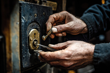 A pair of skilled hands deftly manipulate lock-picking tools on a weathered lock, showcasing the art of stealth and precision in an intense moment.