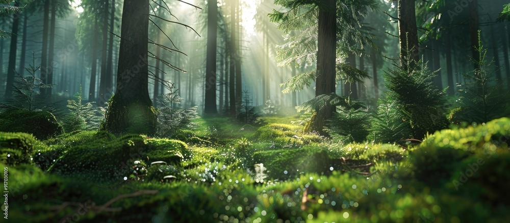 Aufkleber Sunlight filters through a lush magical forest of conifer trees with vivid green moss adding to the enchanting scenery ideal for a copy space image