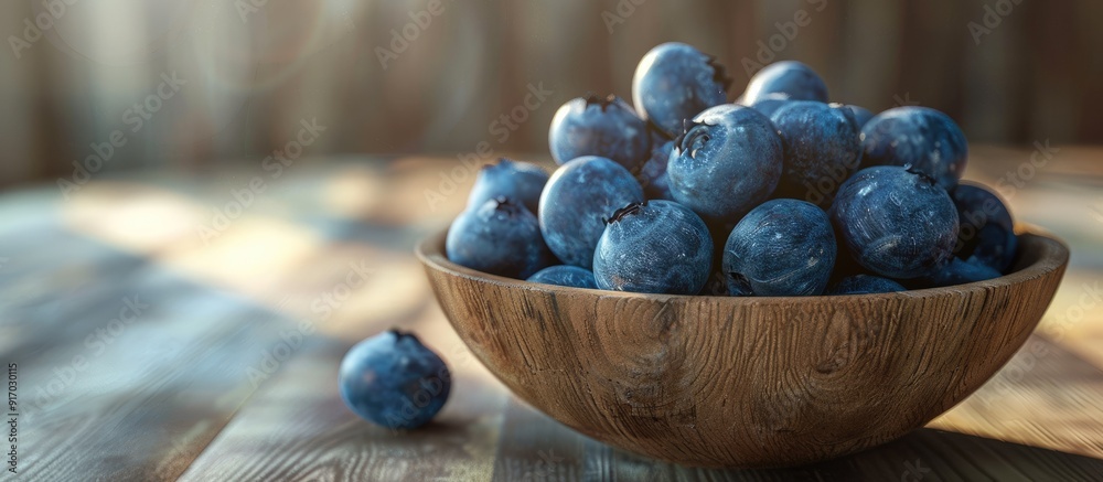 Poster blueberries displayed in a clean bowl on a wooden surface offering a spacious copy space image
