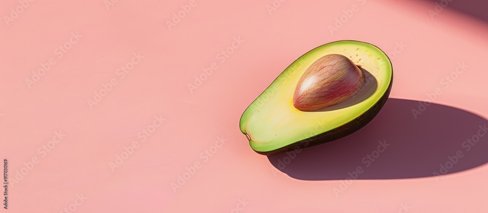 Poster a halved and sliced avocado is displayed on a pink background illustrating a concept of nutritious f