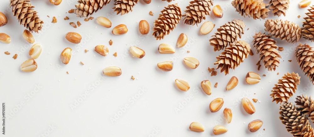 Poster Pine nuts with their shells removed on a white acrylic surface with ample copy space image