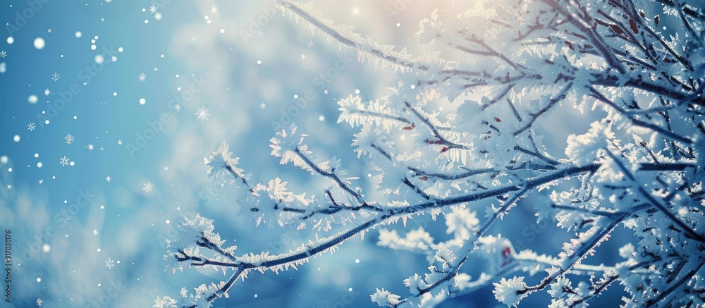 Poster frost covered branches on a cold day with snowflakes capture the serene beauty with a stunning copy 