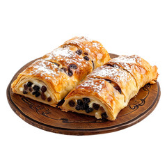 Front view of Topfenstrudel with German quark strudel, filled with sweetened cheese and raisins, isolated on a white transparent background