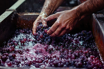 Close-up shot of hands crushing ripe grapes, releasing juice as they submerge in a rustic wooden container, evoking winemaking tradition and artisanal craftsmanship.