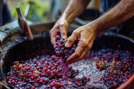 Hands skillfully crush ripe grapes as fresh juice flows into a vat, showcasing the artisanal process of traditional winemaking in vivid detail.
