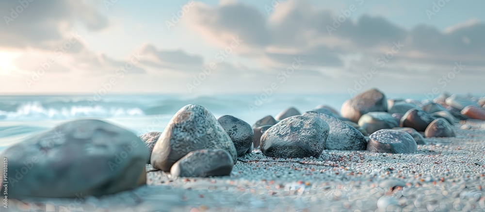Poster Breakwater stones act as a protective barrier against beach erosion creating a serene coastal environment with a captivating copy space image