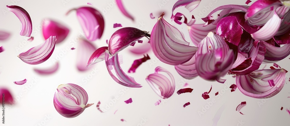 Aufkleber Red onion slices falling with copy space image on white backdrop