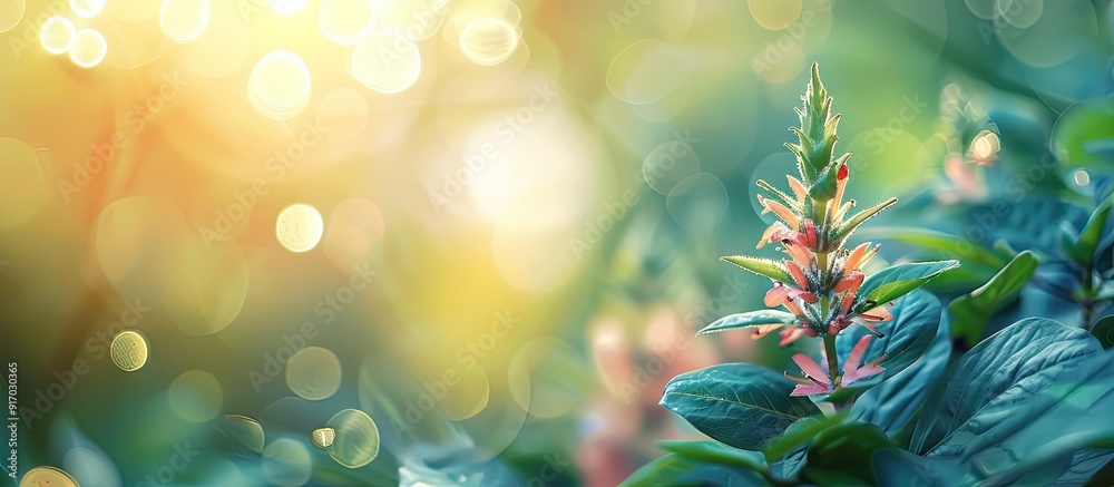 Poster selective focus on a small flower in a garden creating the copy space image