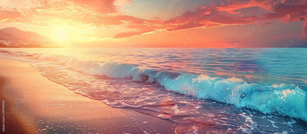Poster beautiful summer beach landscape at sunset with vibrant colors reflecting in calm waves featuring a 