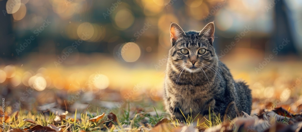 Poster lovely feline in the yard with copy space image